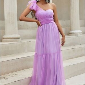 Purple Rosette One-Shoulder Ruched-Bodice Lilac Dress bridesmaid gown